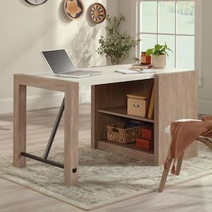 Dixon City 55.118 in. Brushed Oak Computer Desk with Bookcase Style Base and Pebbled Pine Accented Top