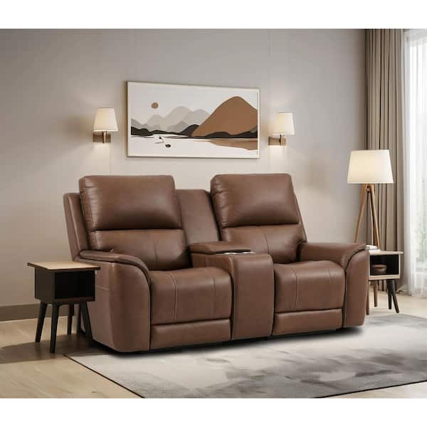 77 in. 2 Seats Genuine Leather Power Reclining Zero Gravity loveseat in Light Brown