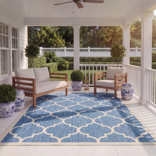 Courtyard Blue/Beige 8 ft. x 11 ft. Geometric Indoor/Outdoor Patio  Area Rug