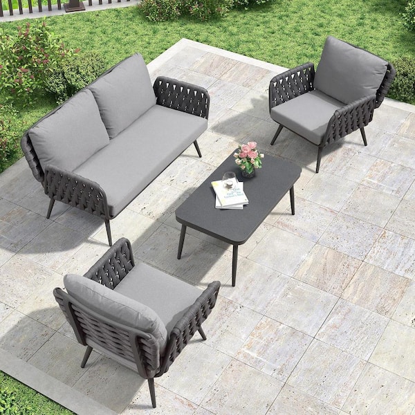 Rope Set Aluminum Depot PURPLE PPL04-SF04-AR-02 Patio Home Frame Table LEAF Conversation Grey cushions, and The Furniture 4-Pieces - with Outdoor