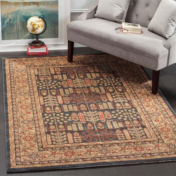 Mahal 11 ft. x 16 ft. Navy/Natural Antique Floral Border Area Rug