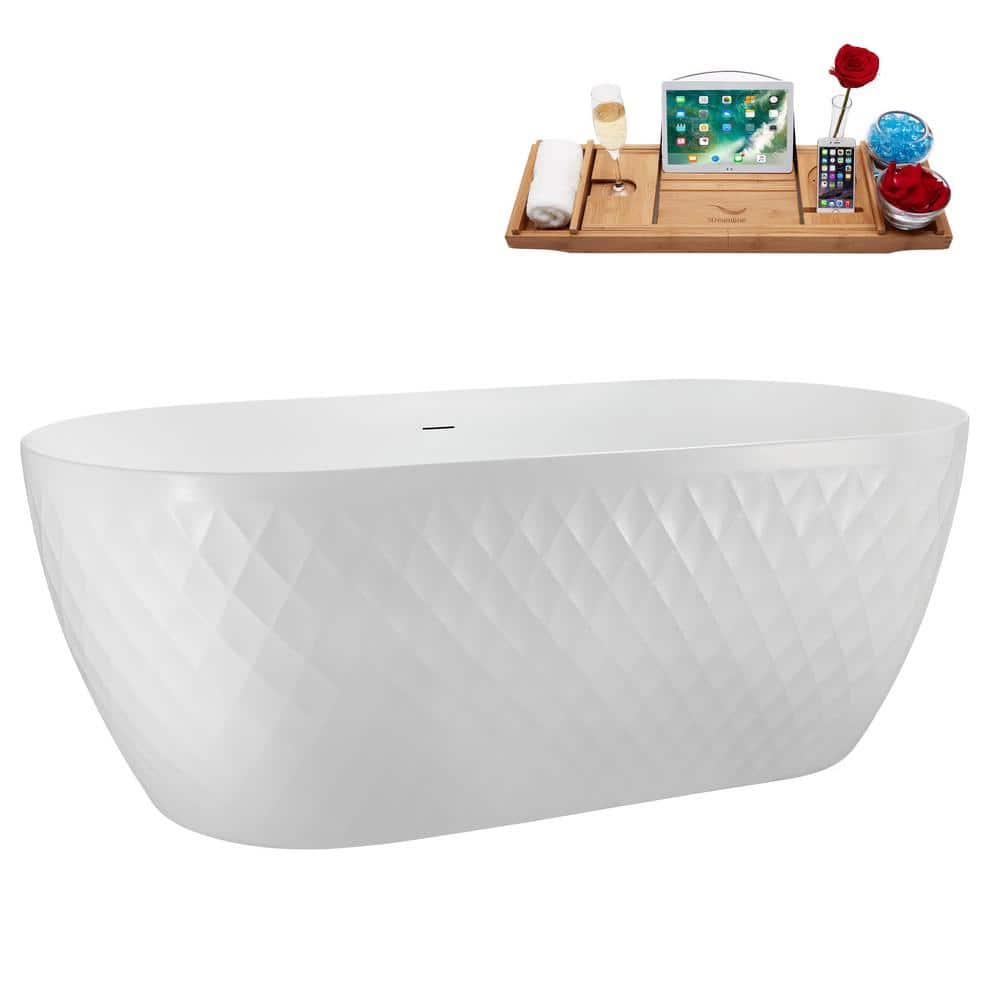 59" Glossy White Acrylic Freestanding Soaking Tub with Tray