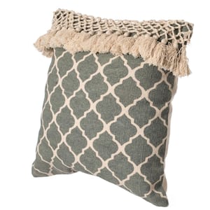 16 in. x 16 in. Green Handwoven Cotton Throw Pillow Cover with Ogee Pattern and Tasseled Top