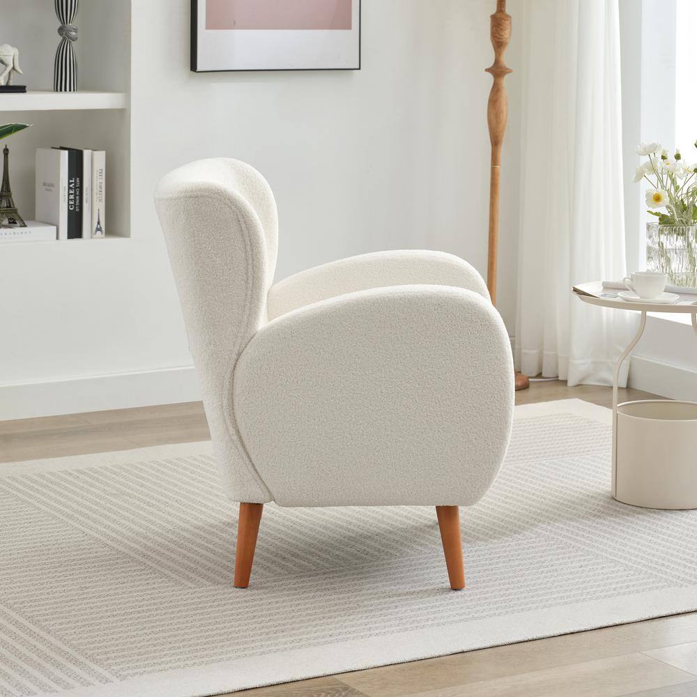 Beige Boucle Wingback Accent Chair with Wood Legs