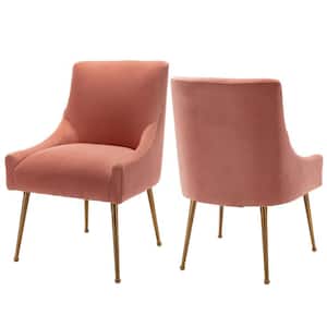 Pink Velvet Upholstered Dining Chair with Electroplated Legs and Adjustable Foot Nails(Set of 2)