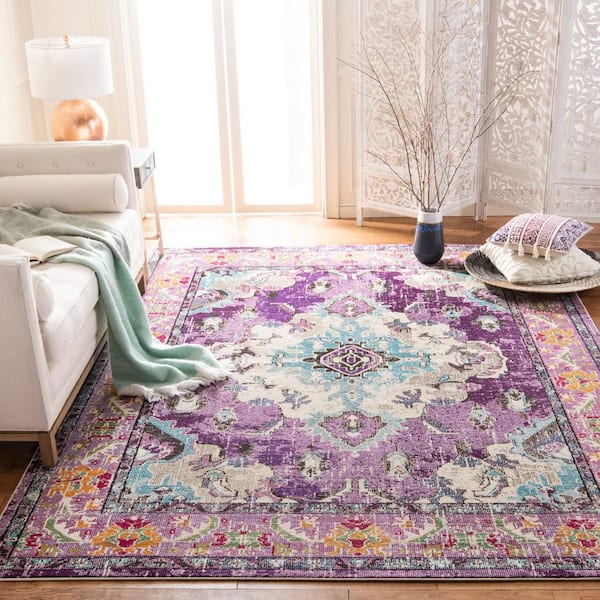 Monaco 7 ft. x 7 ft. Violet/Light Blue Square Border Medallion Distressed Area Rug