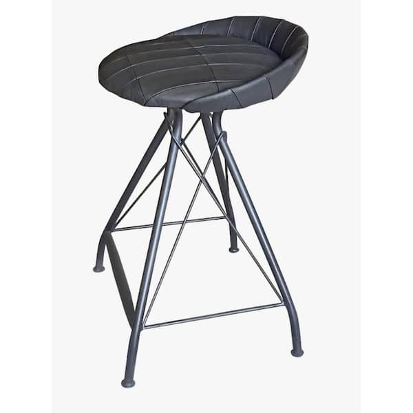 HomeRoots 24 in. Gray Low Back Metal Counter Height Bar Chair with Leather Seat