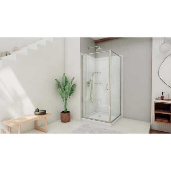 Flex 36 in. x 36 in. x 76.75 in. Framed Corner Pivot Shower Kit in Brushed Nickel with Shower Base in White