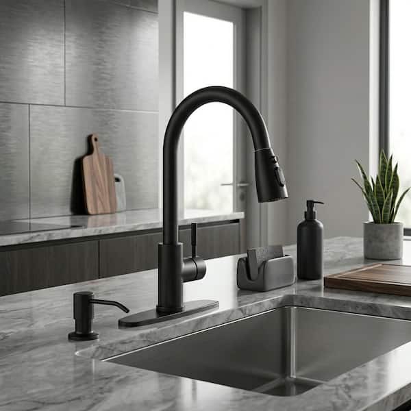 Single Handle Pull Down Sprayer Kitchen Faucet with 3-Mode Sprayer and Soap Dispenser in Matte Black