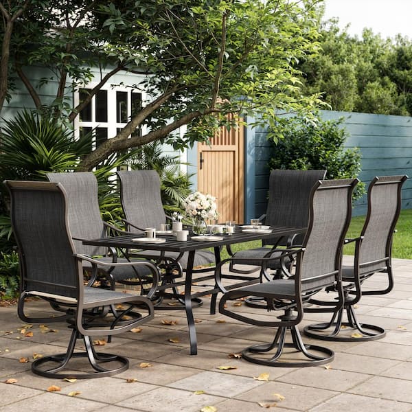 Dark Gray Iron Metal 6-Person Outdoor Dining Set With Rectangular Table, Number of 7 Pieces.