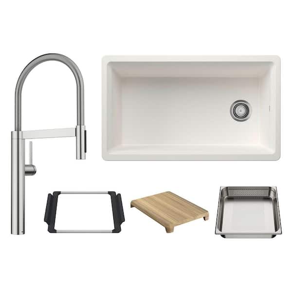 Inteos 33 in. Undermout Single Bowl White Silgranit Workstation Kitchen Sink and Faucet Included
