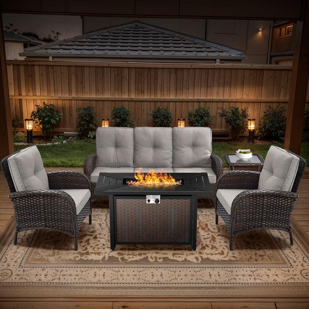Brown 5-Piece Wicker Patio Fire Pit Set, Outdoor Sofa Seating Set with Olefin Beige Cushions and Patio Armchairs price history on PriceWatchPro