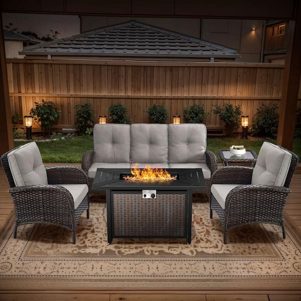 Brown 5-Piece Wicker Patio Fire Pit Set, Outdoor Sofa Seating Set with Olefin Beige Cushions and Patio Armchairs