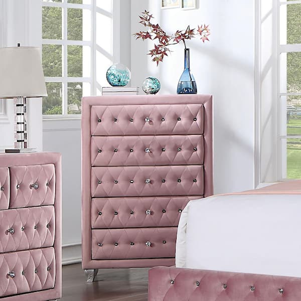 Furniture of America Nesika 5-Drawer Pink Upholstered Chest of Drawers and Care Kit (49 in. H x 34.5 in. W x 17.5 in. D)