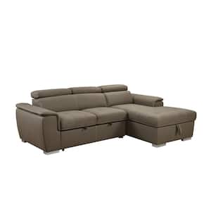 97 in. L-Shaped Microfiber Sectional Sofa in Brown with Pull-Out Bed, Storage Chaise and Adjustable Headrests