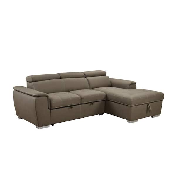 sumyeg 97 in. L-Shaped Microfiber Sectional Sofa in Brown with Pull-Out Bed, Storage Chaise and Adjustable Headrests
