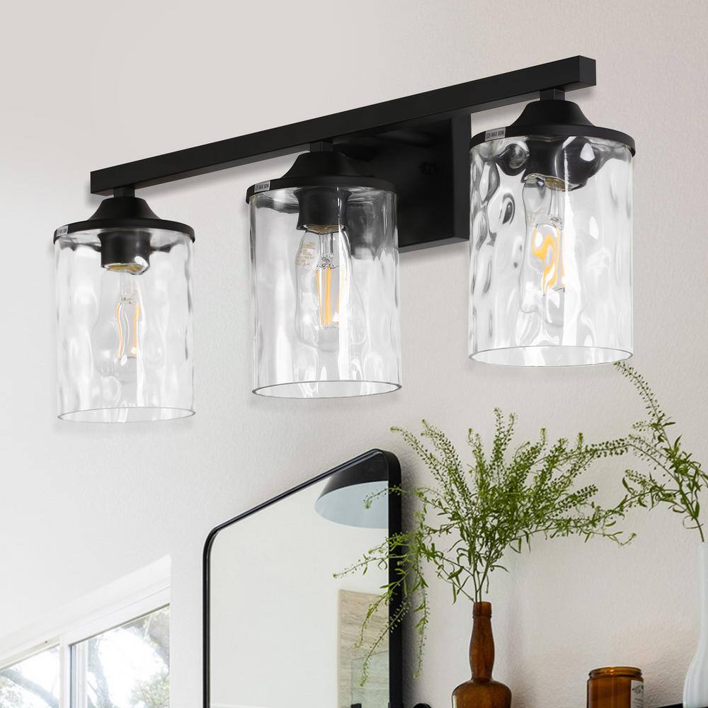 23 in. 3-Light Matte Black Modern Bathroom Vanity Light with Clear Hammered Glass Shades, Wall Mount Fixture price history on PriceWatchPro