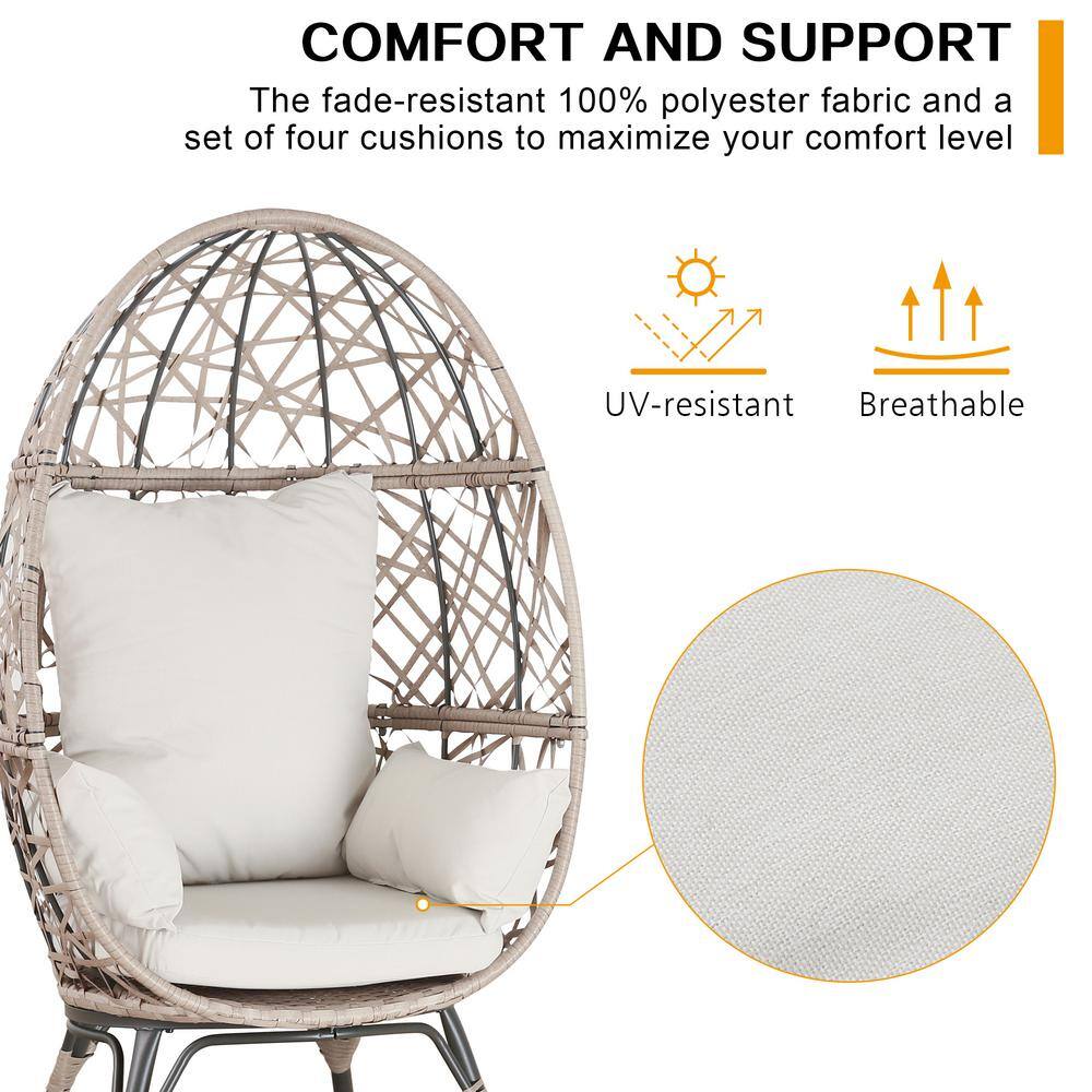 Beige Wicker Teardrop Egg Chair with Cushions and Steel Frame