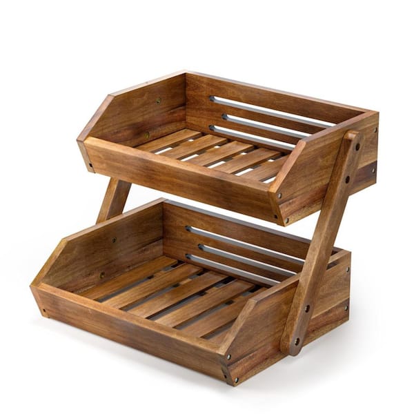 1 Piece 2-Tier Self-Assembly Acacia Wood Fruit Basket Set