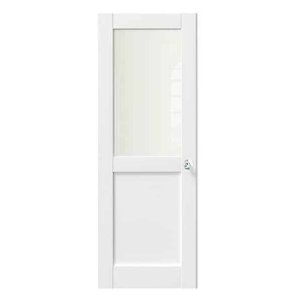 28 in. x 80 in. Solid Wood & MDF, Primed, White, 1/2 Lite, Frosted Glass Interior Door Slab With Silver Sphere Doorknob