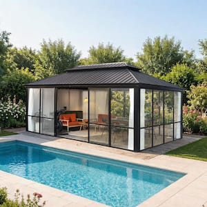 12 ft. x 16 ft. Sunroom 360° Transparent Gazebo Solarium with Elegant Curtains and Solid PC Panel Walls