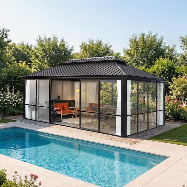 12 ft. x 16 ft. Sunroom 360° Transparent Gazebo Solarium with Elegant Curtains and Solid PC Panel Walls