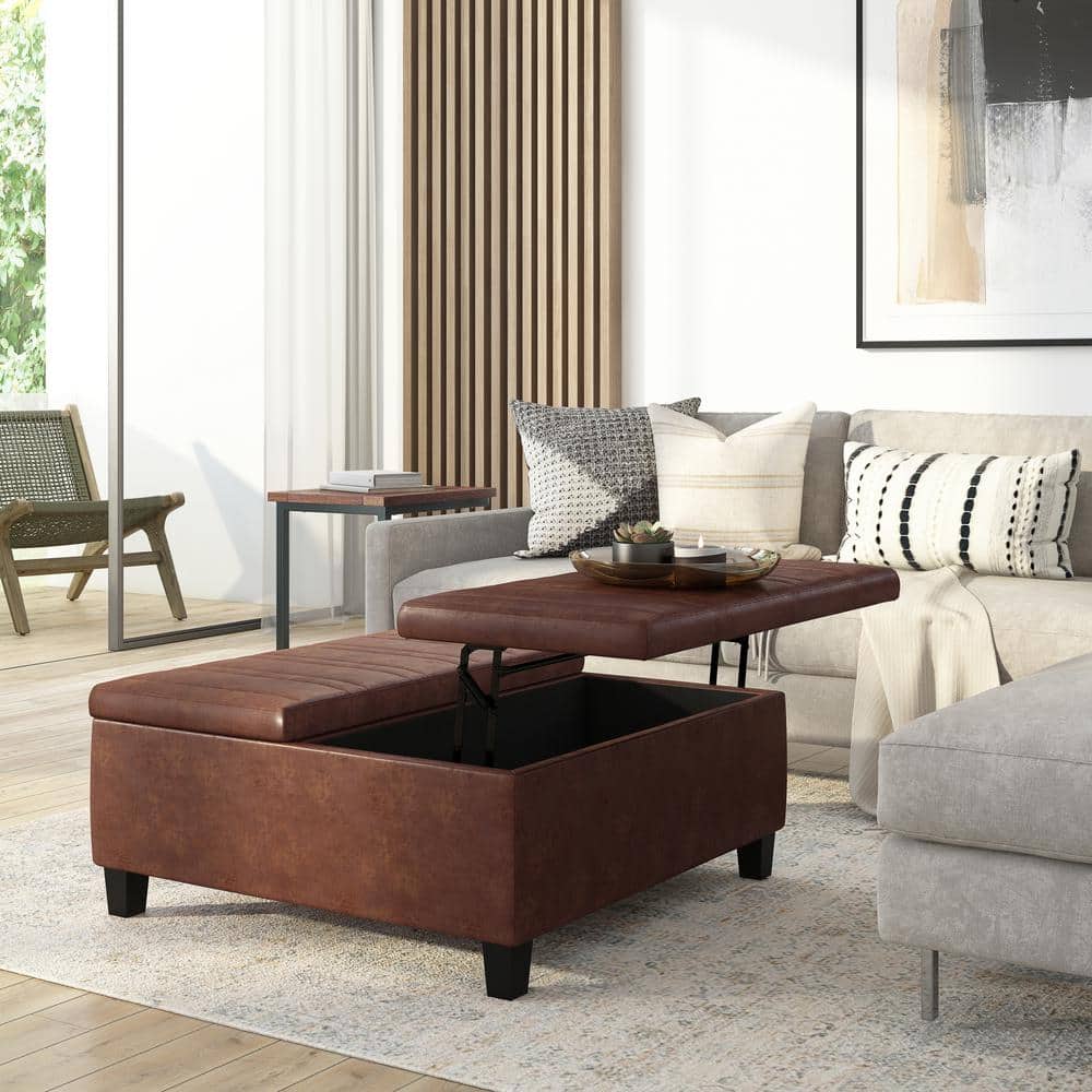 Ellis Distressed Saddle Brown Faux Leather Coffee Table Storage Ottoman