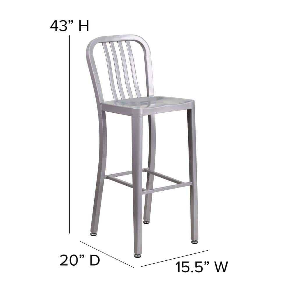 Silver Metal 30" High Indoor-Outdoor Barstool with Slat Back