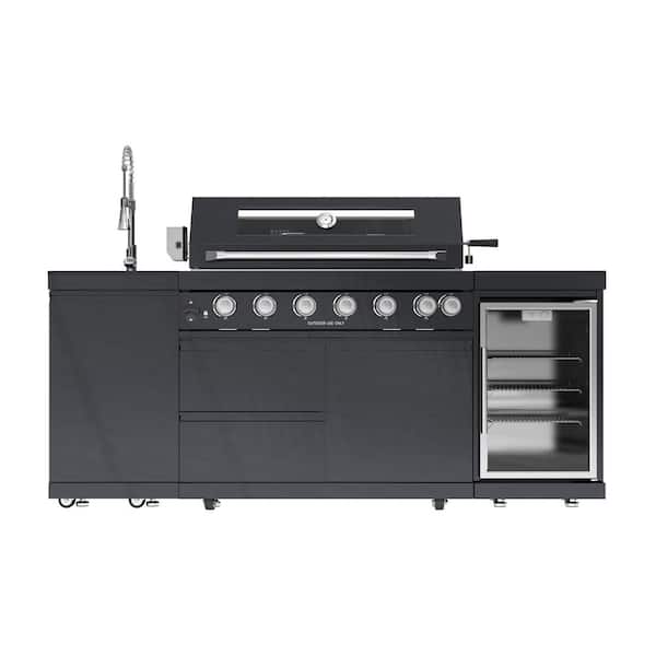 6-Burner Propane Gas Outdoor Kitchen Grill Island in Black, with Wine Cooler, Compact Refrigerator, Rotisserie kit