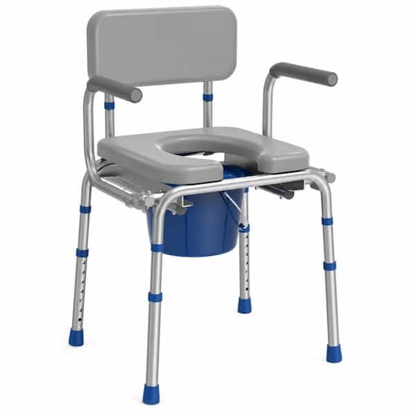 Portable Drop Arm Bedside Commode with Padded Seat, Backrest and 5.81qt. Removable Bucket, Adjustable Height, Gray