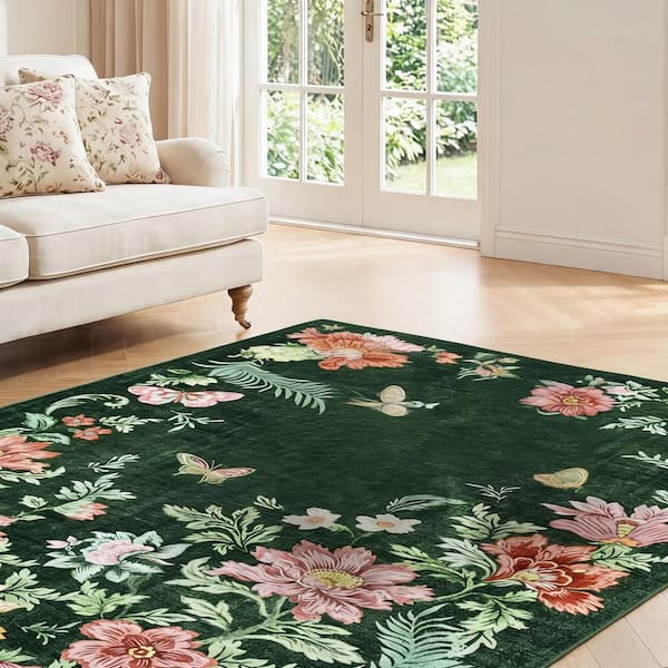 Dark Green 9 X 12 ft. Floral Washable Low Pile Area Rug, Non-Slip Stain Resistant Carpet for Indoor, Living Room,Bedroom
