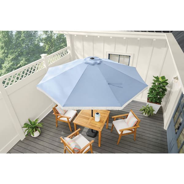 9 ft. Aluminum Market Crank and Auto-Tilt Patio Umbrella in Morning Glory Blue with Fringe Trim
