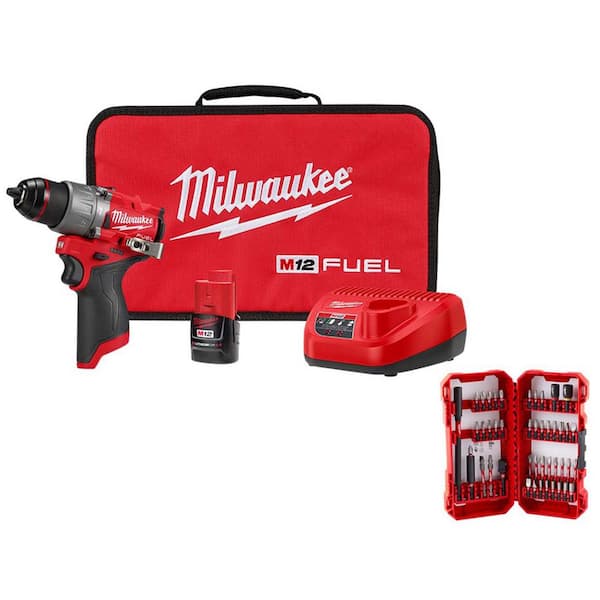 Milwaukee M12 FUEL 12-Volt Li-Ion Brushless Cordless 1/2 in. Hammer Drill Kit w CP 2.0Ah Battery, Charger & Bit Set (45-Piece)