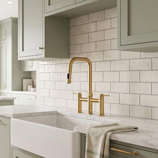 3-Hole Double-Handle Solid Brass Bridge Kitchen Faucet with Pull-Down Sprayer and Supply Lines in Brushed Gold