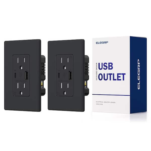 ELEGRP 21W USB Wall Outlet with Type A and Type C USB Ports, 15 Amp Tamper Resistant, with Screwless Wall Plate,Black (2 Pack)