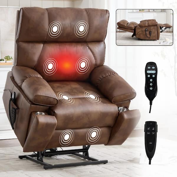 Retro Brown Oversized Dual Motor Genuine Leather Power Lift Recliner with Heat and Massage, 2-Pocket Cup Holders