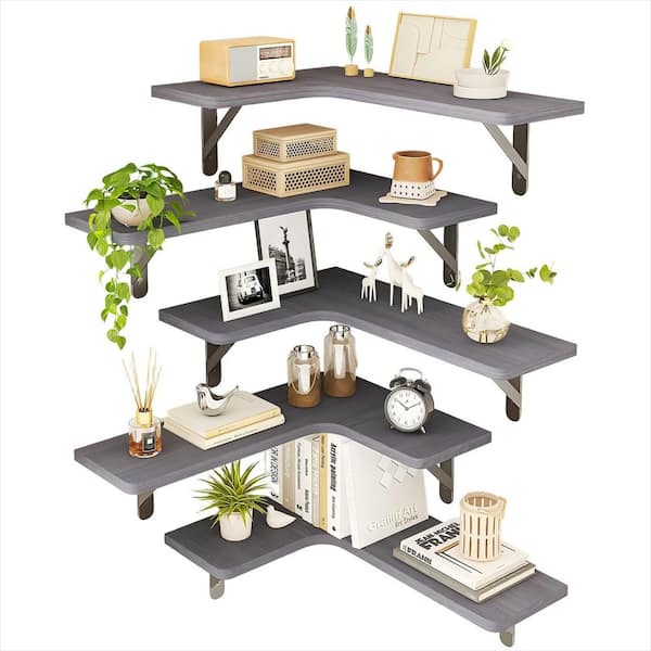 5.5 in. D x 11.4 in. W x 16.1 in. H Rustic Wood Wall Mounted Corner Shelf, Floating Shelves for Wall, Grey (5-Pack)