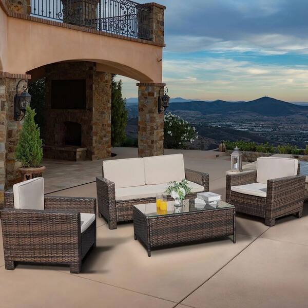 Tozey Black 4 Pieces PE Wicker Patio Conversation Set Outdoor