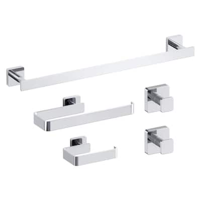 5-Piece Bathroom Hardware Set with Towel/Robe Hook Toilet Paper Holder Towel Bar/Rack in Chrome