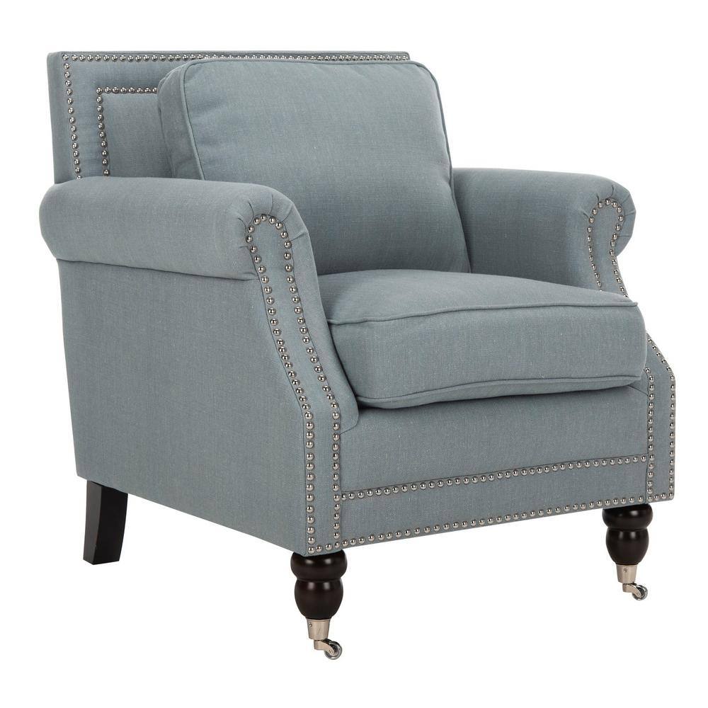 Sky Blue Linen Arm Chair with Nailhead Trim