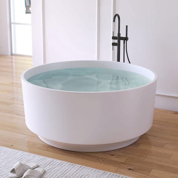 49.2 in. x 49.2 in. Round Stone Resin Solid Surface Flatbottom Freestanding Soaking Bathtub in Matte White