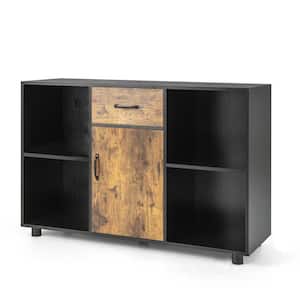 Rustic Brown and Black Wood 48 in. Farmhouse Buffet Sideboard Coffee Bar File Cabinet Console Table withDrawer Cubby