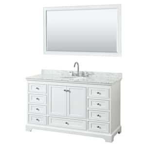 Deborah 60 in. Single Vanity in White with Marble Vanity Top in White Carrara with White Basin and 58 in. Mirror