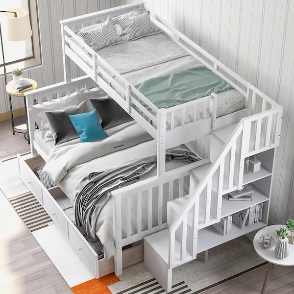 White Stairway Twin Over Full Bunk Bed, Twin Over Full Bunk Bed With Bookcase