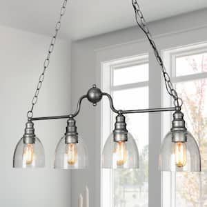 Modern Brushed Silver Island Chandelier, 32 in. Lik 4-Light Farmhouse Pendant Light with Seeded Glass Shade