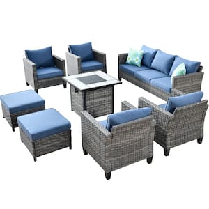 New Vultros Gray 8-Piece Wicker Patio Fire Pit Conversation Seating Set with Blue Cushions