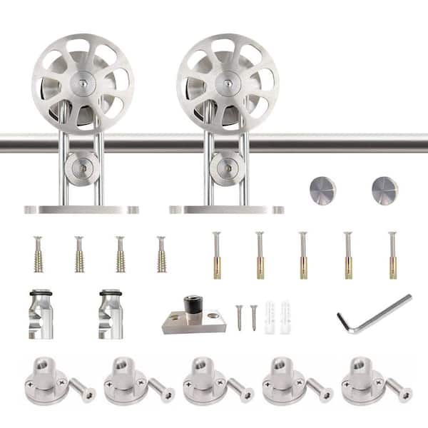 WINSOON 7.5 ft./90 in. Stainless Steel Sliding Barn Door Hardware Kit Spoke Wheel for Single Door with Non-Routed Floor Guide