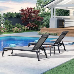 Black Frame Lounge of 3-Pieces Aluminum Outdoor Chaise Lounge with Cushion and Side Table, Grey