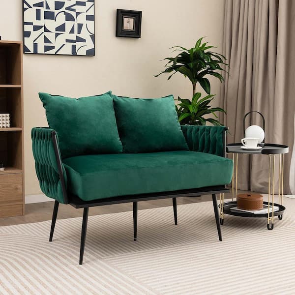 Modern 43 in. Straight Arms Upholstered Dutch Velvet Rectangle Couch Loveseat Sofa with Woven Back in. Green