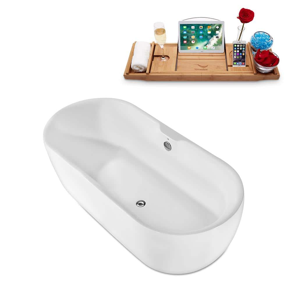 67" Glossy White Acrylic Freestanding Soaking Bathtub with Chrome Drain